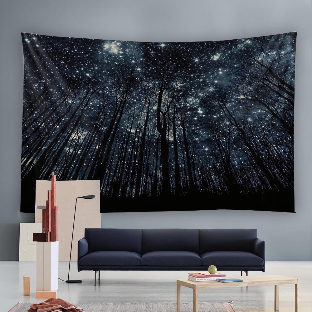 Psychedelic Bohemian Starry Sky Forest Moonlight Night Tapestry - Wall Hanging Home Room Art Background Decoration