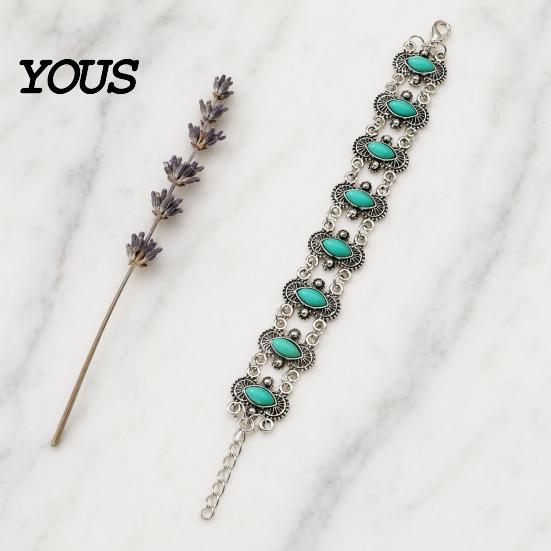 Браслет из сплава с бирюзой, браслет с инкрустацией, богемный стиль, состаренный, регулируемая цепочка, полый резной, повседневный, Boho, для подарка