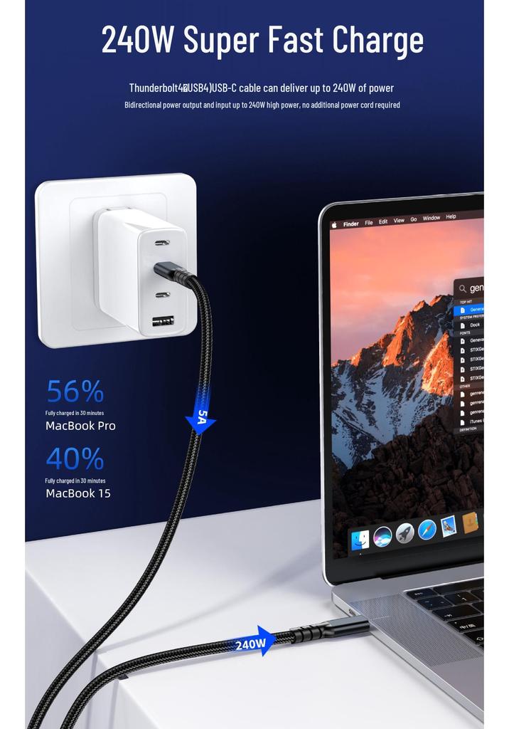 Кабель USB4 Type-C на Type-C, совместимый с Thunderbolt 5/4 и USB5, поддержка дисплея 16K/8K, высокоскоростная передача данных 80 Гбит/с / 40 Гбит/с.
