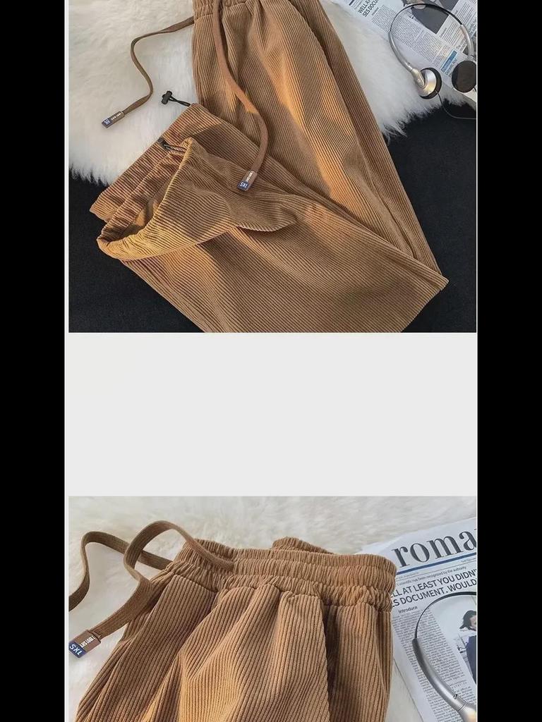 Men's Japanese Retro Corduroy Drawstring Pants - Loose, Wide-Leg, Straight Fit for Spring and Autumn