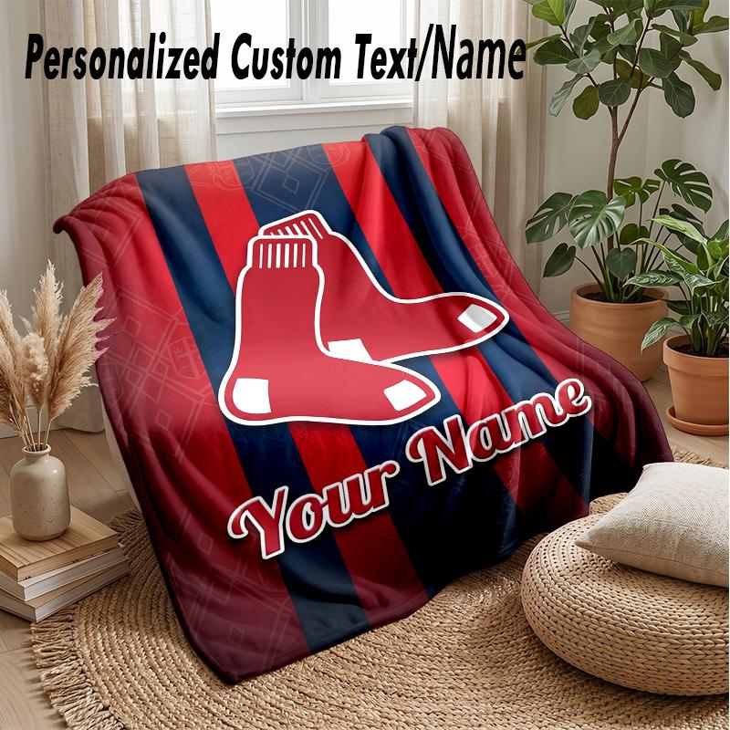 Boston Red Sox Custom Flannel Throw Blanket Print Your Name Text Soft Warm Blanket Holiday Present