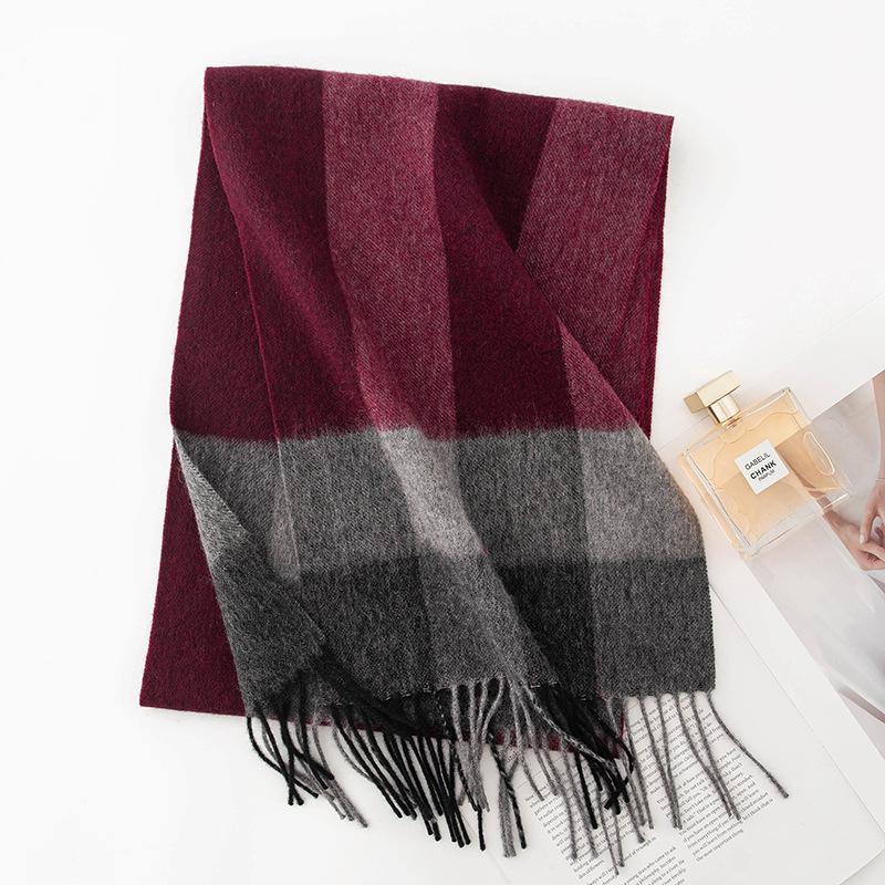 Autumn And Winter Plaid Wool Scarf Women'S Versatile Fringed Warm Scarf Comfortable 100% Real Wool Scarf