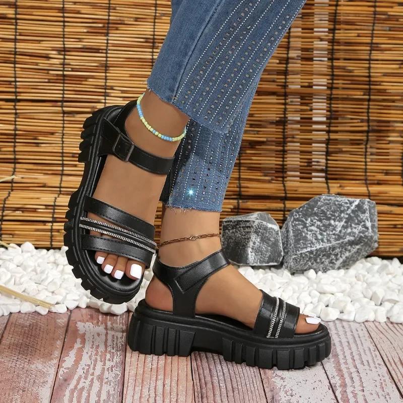 Мода 2024 года, новые женские туфли, римские женские сандалии на платформе, повседневные сандалии, женские туфли с пряжкой и ремешком на квадратном каблуке, большие размеры, женские