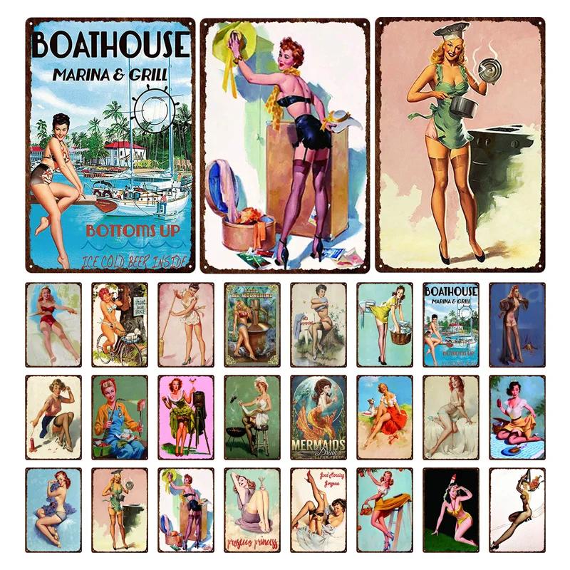 Жестяная картина Элегантная девушка пин-ап Ретро постеры Жестяная табличка Металлическая табличка Декор Стена Женский портрет Бар Паб Клуб Мужская пещера Картинки