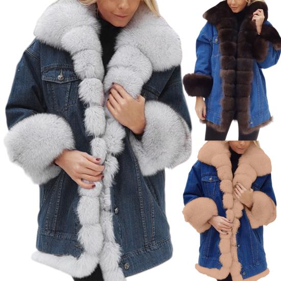 Зимняя женская джинсовая куртка с отделкой из искусственного меха, длинные рукава, цветные карманы