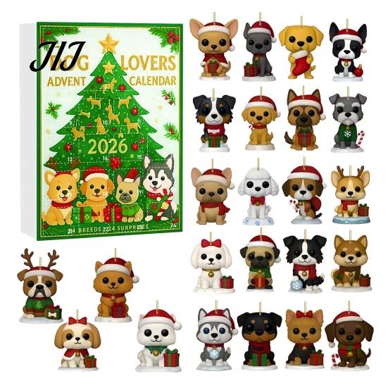 Christmas Advent Calendar Calendar, 24 Day Countdown Box with 2D Flat Acrylic Unique Holiday Dog Pendants, Tree Hanging Ornament Set for Lovers