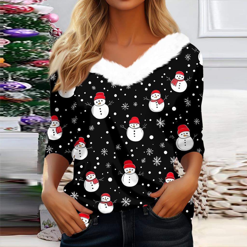 Рубашки с рукавом 3/4 для женщин, рождественские футболки с графическим принтом, блузки, повседневные базовые топы на пуговицах больших размеров, пуловеры