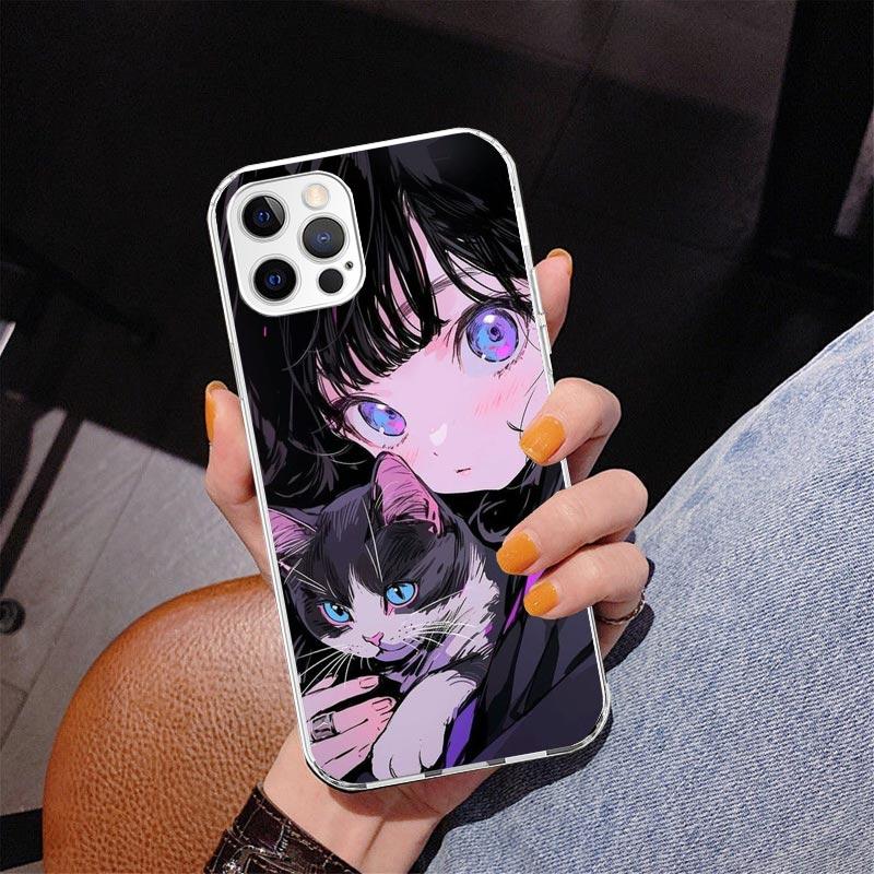 Милый Аниме Инс Девочки Животное Кот Чехол Для Телефона Для iPhone 17 Air 16 Pro Max 16E 15 + 14 Plus 11 12 13 Mini 7 8 SE Подарок Печатная Крышка F