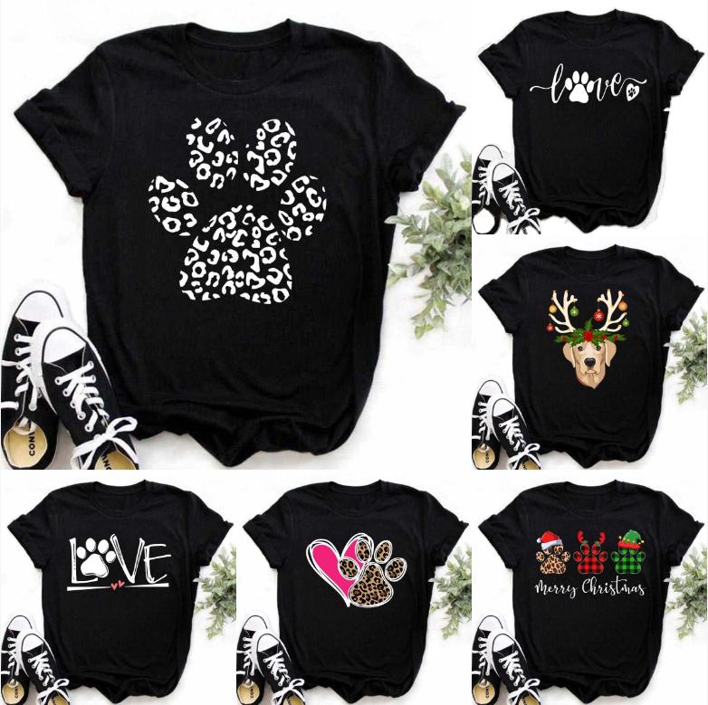 Womens Black Dog Claw Printed Tshirt Leopard Love Printed Christmas Reindeer Design Short Sleeve Casual Holiday Tshirt