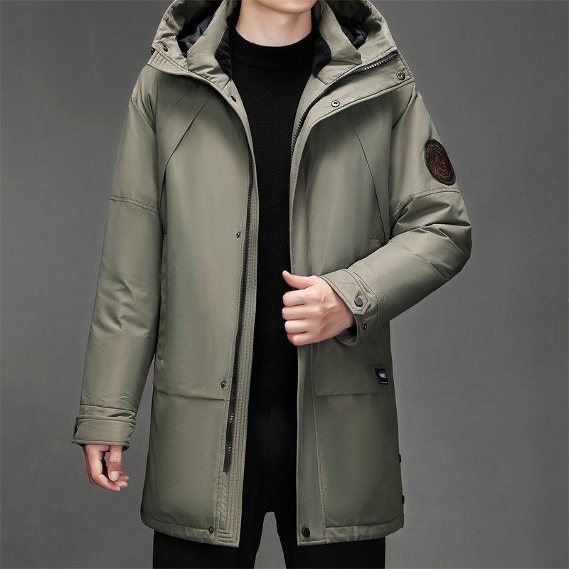 Winter Men's Fur Collar Mid Length Down Jacket Casual Thick Hooded Fashionable and Warm Long Jacket