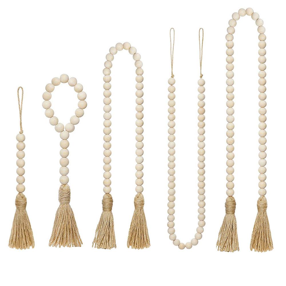 DIY Home Decor Ornament Farmhouse Wood Bead Garland With Jute Rustic Wall Hanging Tassels String