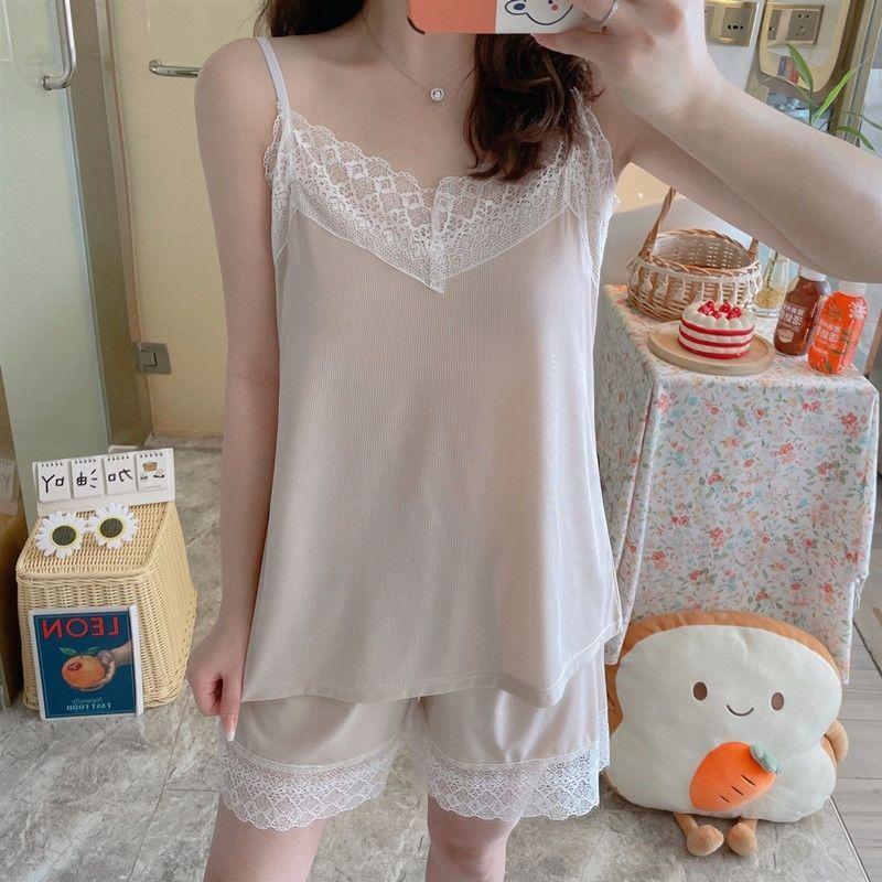 Сексуальная пижама женская летняя кружевная слинг-костюм Ice Silk с открытой спиной для женщин без рукавов для домашнего обслуживания