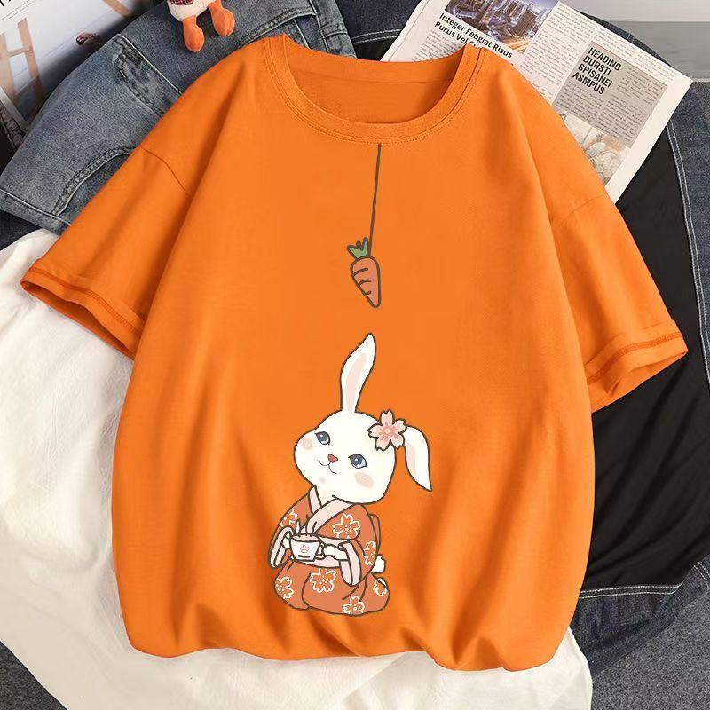 Футболка с изображением кролика из хлопка для женщин 2025 года, летние новые белые трендовые женские свободные топы с короткими рукавами