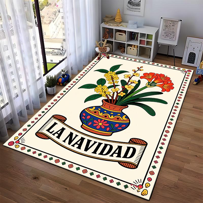 Floral Vase Print Rug with "La Navidad" Text and Festive Design Suitable for use as an anti-slip for living room bedroom sofas