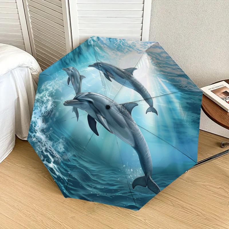 1pc Oceanic Dolphins Swimming Art Print Umbrella with Plastic Handle,Suitable for All Seasons Home Travel Outdoor UmbrellaDD352