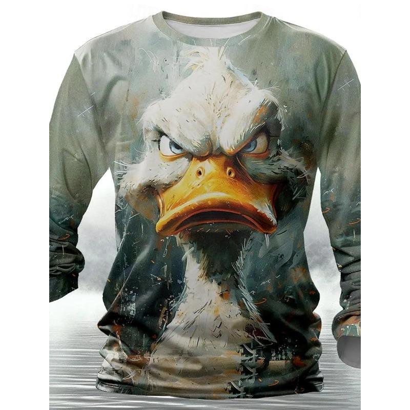 Funny Animal T-Shirts Retro Men 3D Printing Street Casual Daily Gray Long Sleeved Round Neck Shirt Spring and Autumn Clothing
