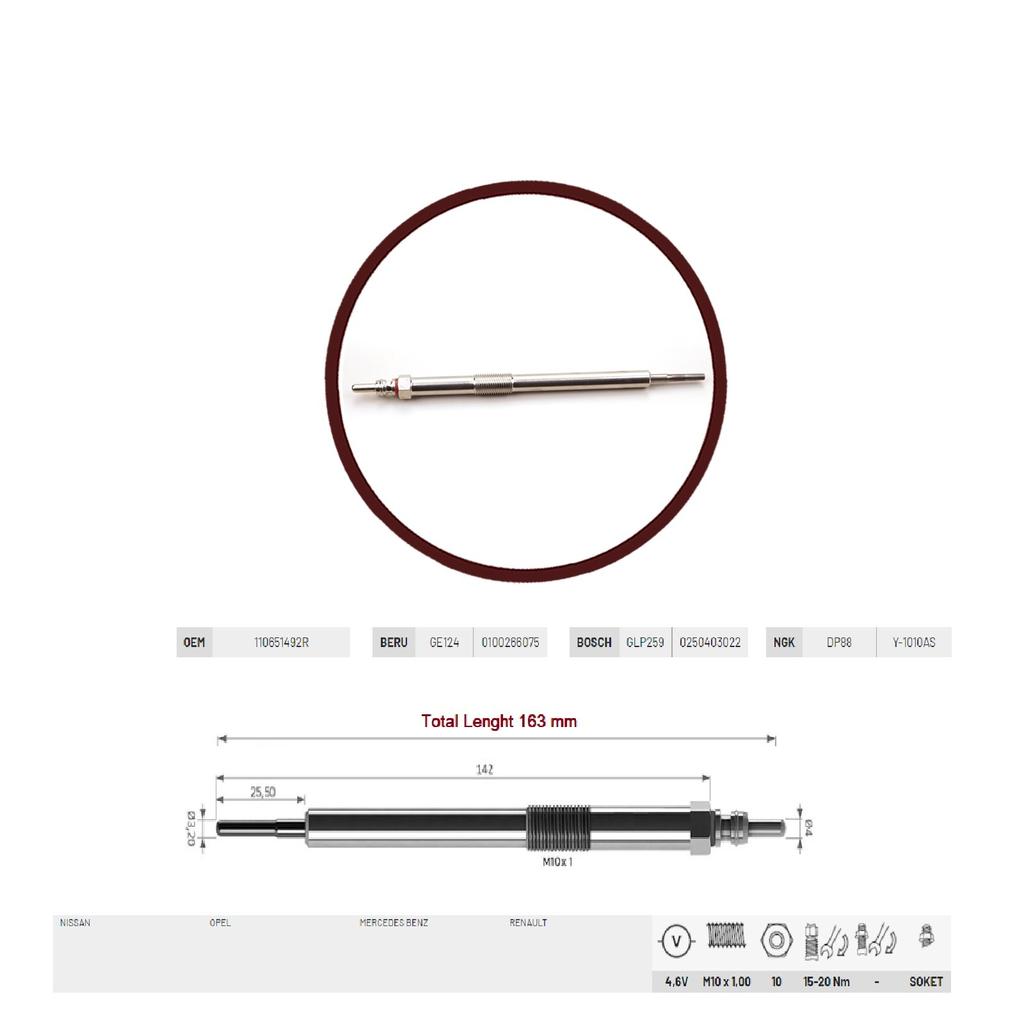 EGP106 1 Piece Glow Plug Auxiliary Heater 4,6 Volt 110651492R for Renault Nissan Opel Mercedes Mazda Fiat