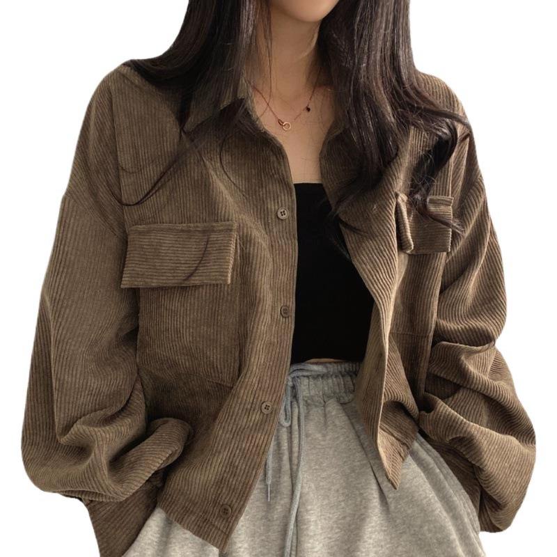 Women's Spring and Autumn Retro Loose Corduroy Thickened Versatile Stackable Long Sleeve Shirt Coat Women's Salt Series
