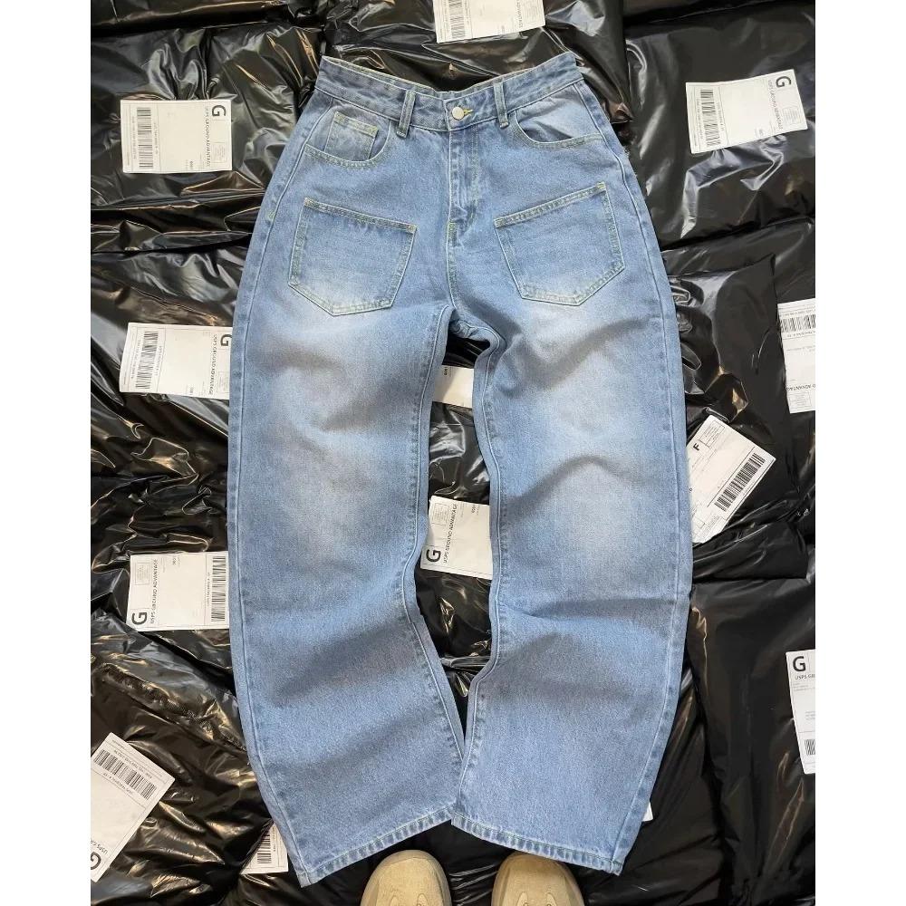 Джинсы ZYLLO Y2K Харадзюку Ретро Артистичный узор вышивки сакуры Деним Брюки Хай-стрит Свободные Прямые брюки