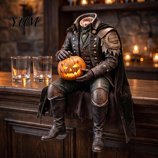 Gothic Halloween Ornaments Resin Headless Horseman Statue with LED Warm Glow, Lighted Haunted House Supplies Sculpture, Tabletop Decor for Mantel
