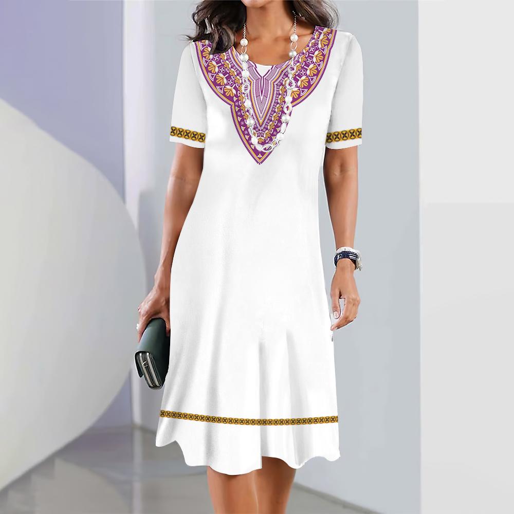 Платья в национальном костюме, летние, свободные, винтажные, с короткими рукавами, юбка А-силуэта, дизайнерские, с 3D-принтом, элегантные, с круглым вырезом, женские платья