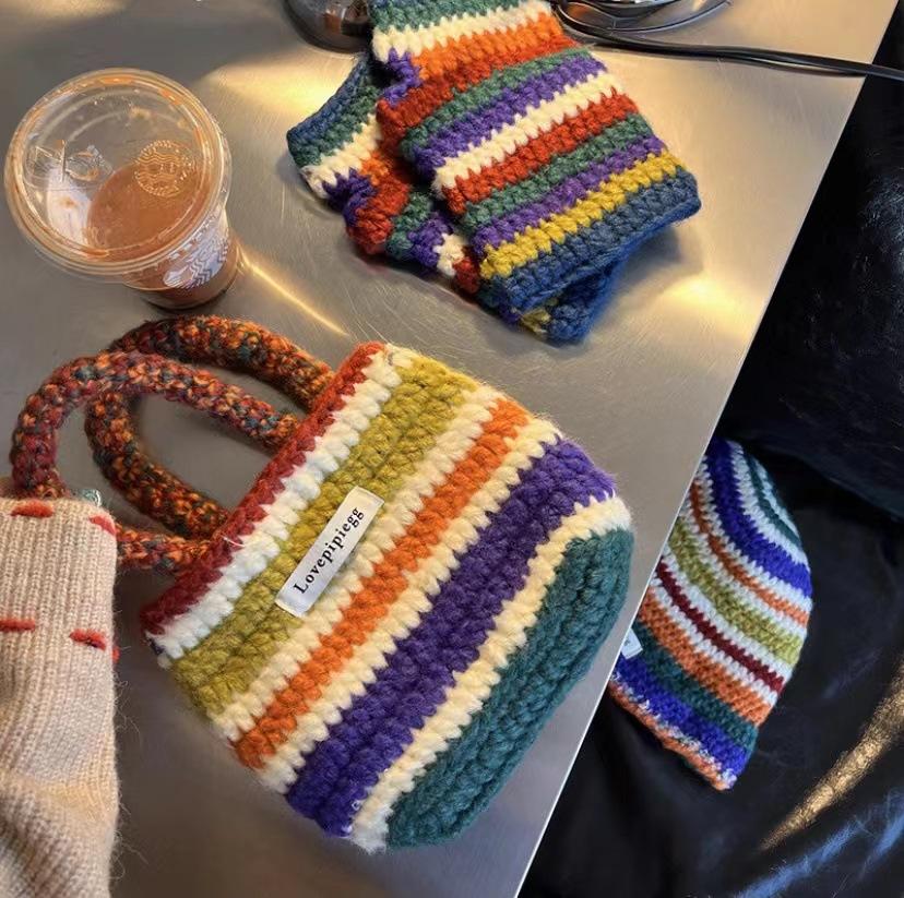 Retro handmade colored striped knitted hat bag sleeve women's autumn and winter three-piece set showing face little fisherman hat