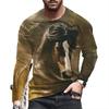 Animal Horse Pattern Printed Men's Long Sleeved T-Shirt Creative Personality Street Fashion Casual Quality Comfortable Clothing