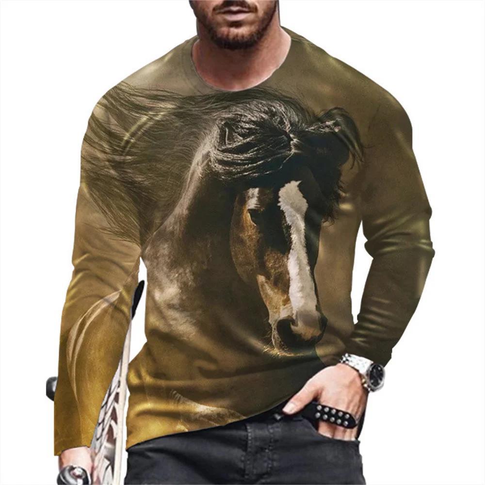 Animal Horse Pattern Printed Men's Long Sleeved T-Shirt Creative Personality Street Fashion Casual Quality Comfortable Clothing