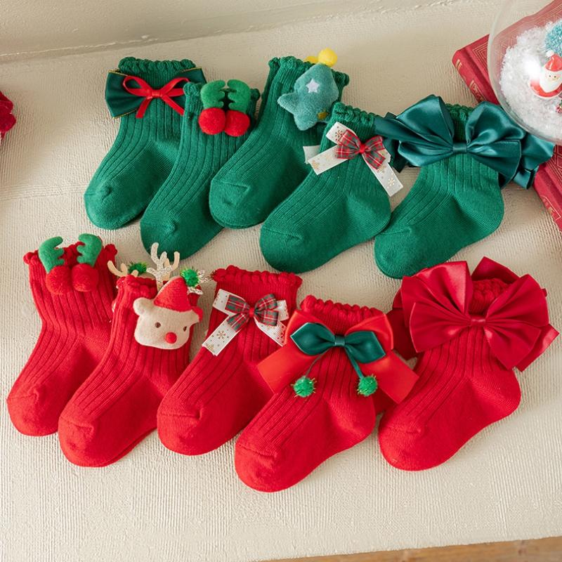 Christmas Socks for Kids Toddler Baby Girls Cotton Bow Short Socks Children's New Year Gifts for 1-8Years