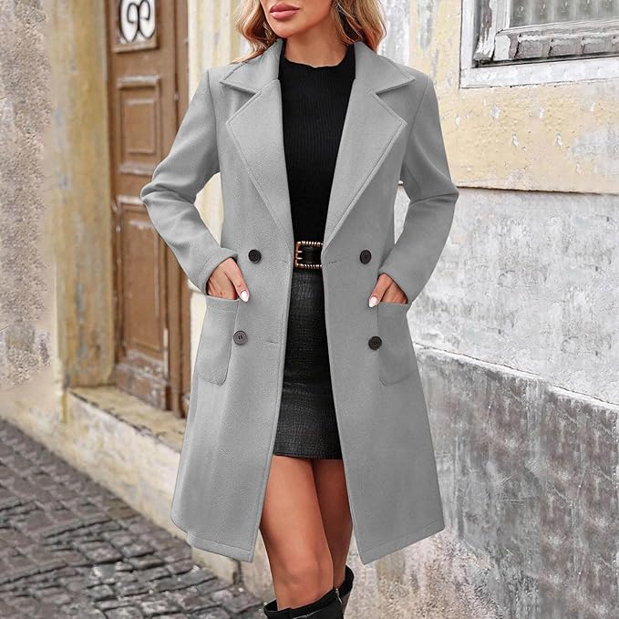 Women's Casual And Fashion Jacket Solid Color Lapel Double Button With Pockets Coat