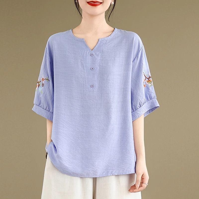Vintage Ethnic Embroidered Women S 3 4 Sleeve Casual Summer Shirt