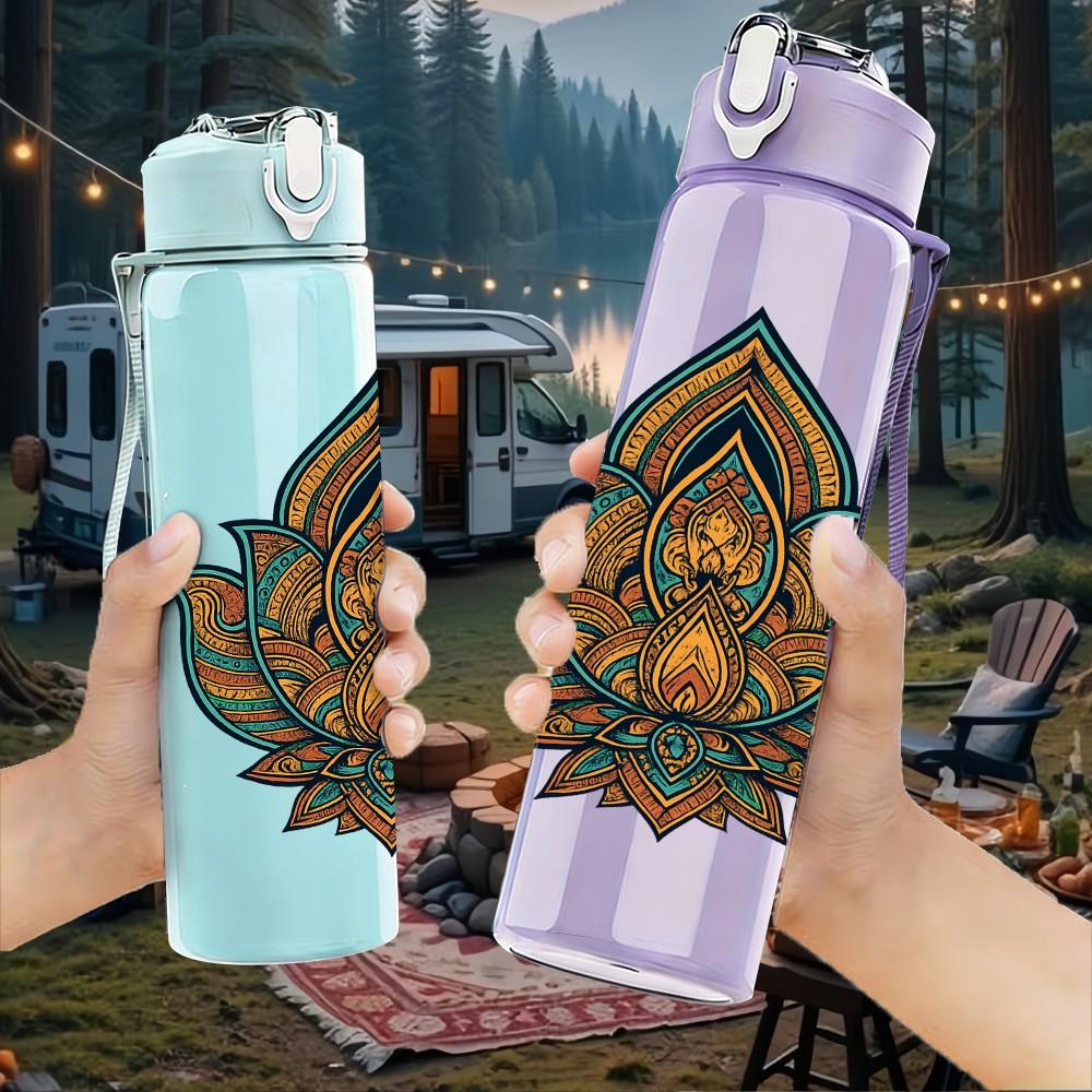 1PC Golden Lotus Mandala 750ml Color Plastic Sports Water Bottle Leakproof Flip Straw Lid Suitable for Sports Office Home Use
