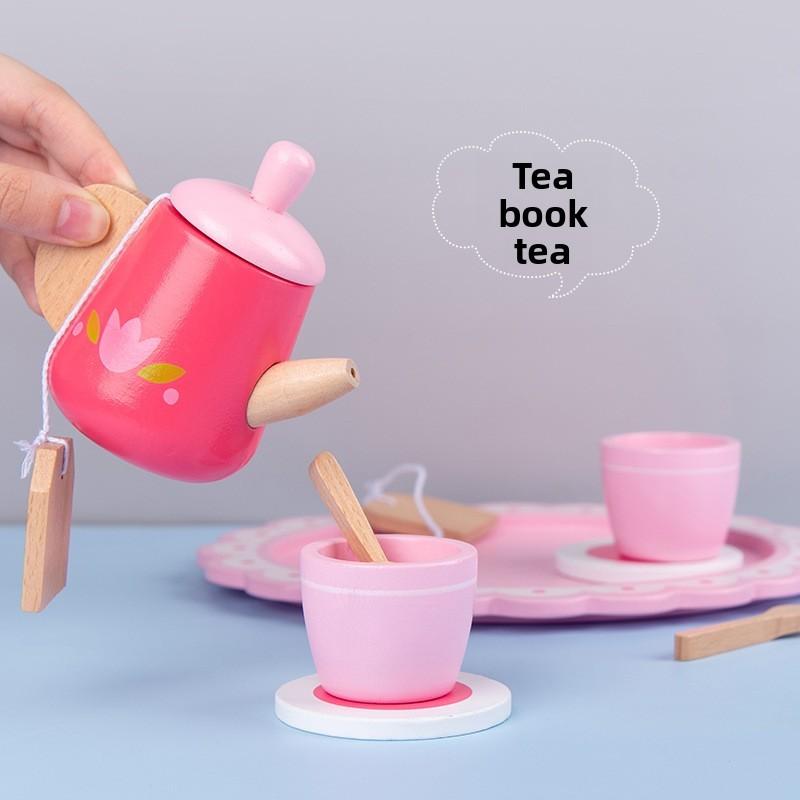 Wooden Pink Teapot Tea Cup Afternoon Tea Set Children Toy Roleplaying For