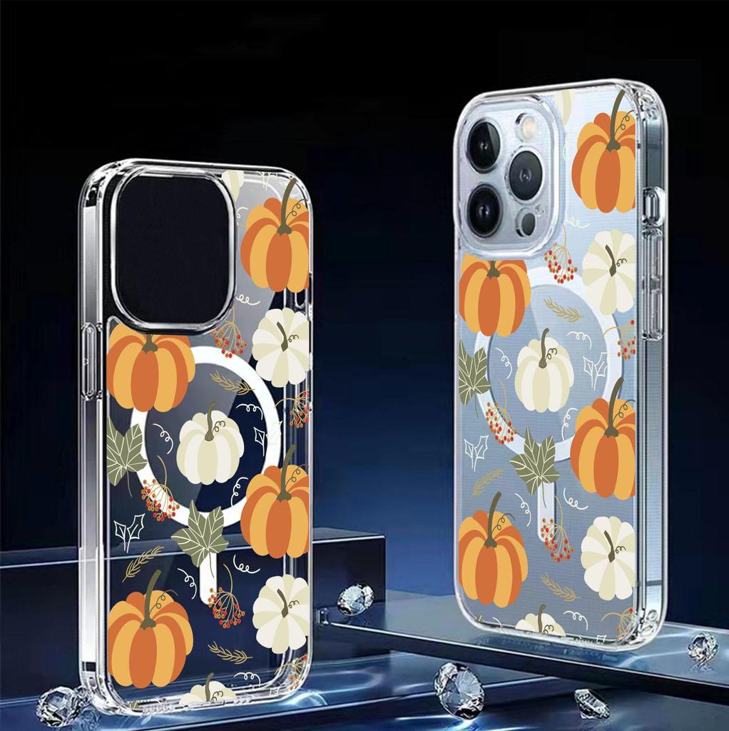 Магнитный чехол для телефона с блоками цвета и тыквой для iPhone 15/16/17 Pro Max - Прозрачный, Полная защита