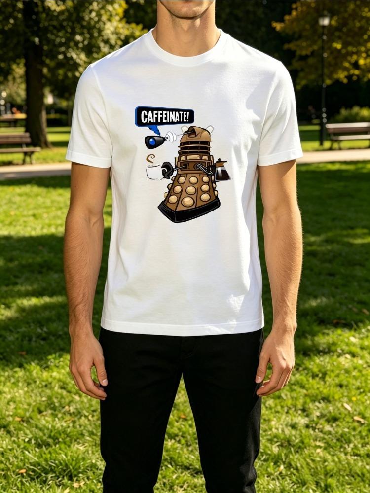 Caffeinate Dalek Coffee Cartoon Print Unisexs Crew Neck Short Sleeve Tee Casual Street Soft Breathable Daily Basic Fashion Wear Top