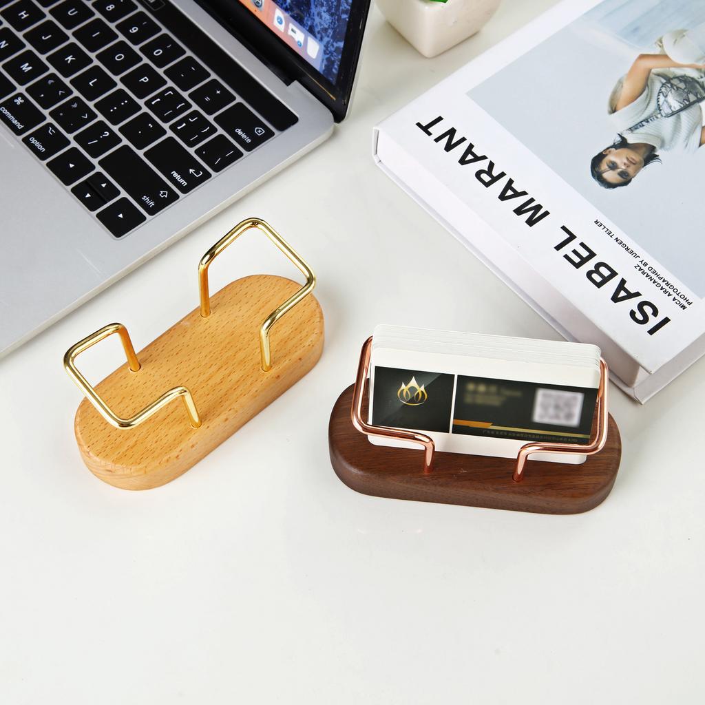 Wooden Business Card Holder Metal Organizer Office Desk Display Stand Memo Counter Accessories Tabletop Card Holder Storage