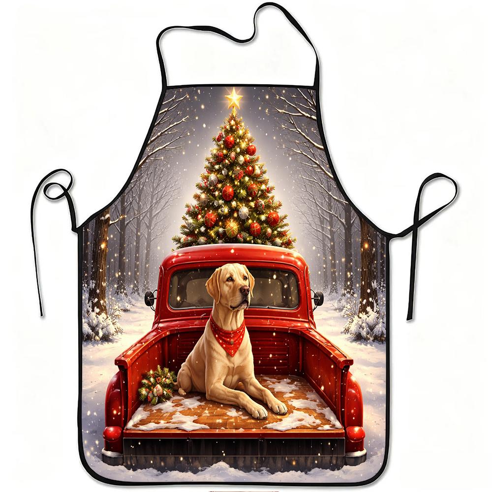 1pc Christmas Dog Red Truck Snow Tree Print Apron, Durable and Easy to Clean, Adjustable Waistband, Polyester Material, for Kitchen Cooking, Gardening