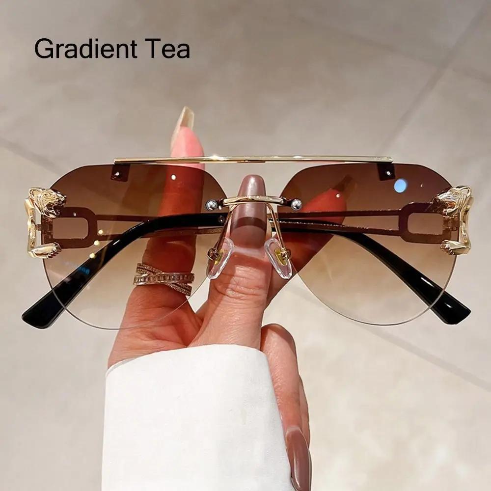 New Rimless Cheetah Decor Sunglasses Gradient UV400 Double Bridge Sun Glasses Shades for Women & Men Lunettes De Soleil Homme