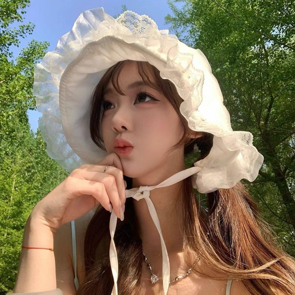 Lolita Lace Bucket Hat Summer Visor Basin Cap French Fisherman Hat Girls