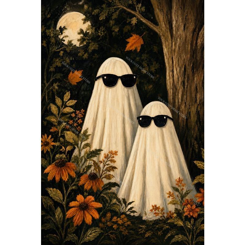 Funny Ghost Black Cat Canvas Gallery Wall Print Sunglasses Pumpkin Bat Vintage Wall Art Farmhouse Halloween Fall Home Decor Gift