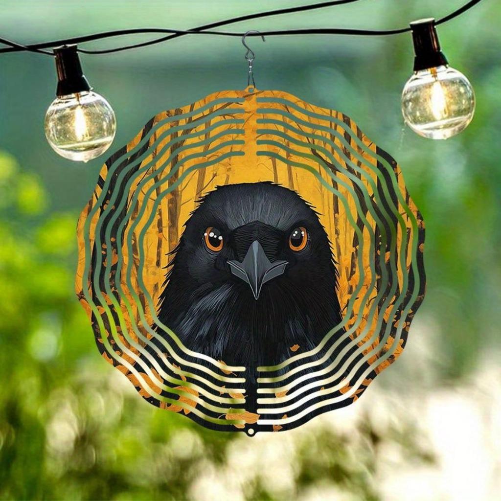 Metal Wind Chime with Crow and Autumn Leaves Design 360 Degree Spinning Hook Durable Outdoor Decor for Garden Patio Yard Indoor Hanging