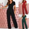 Women's Solid Color V-neck Short-leeved Wide-leg Trousers Strap Waist Jumpsuit