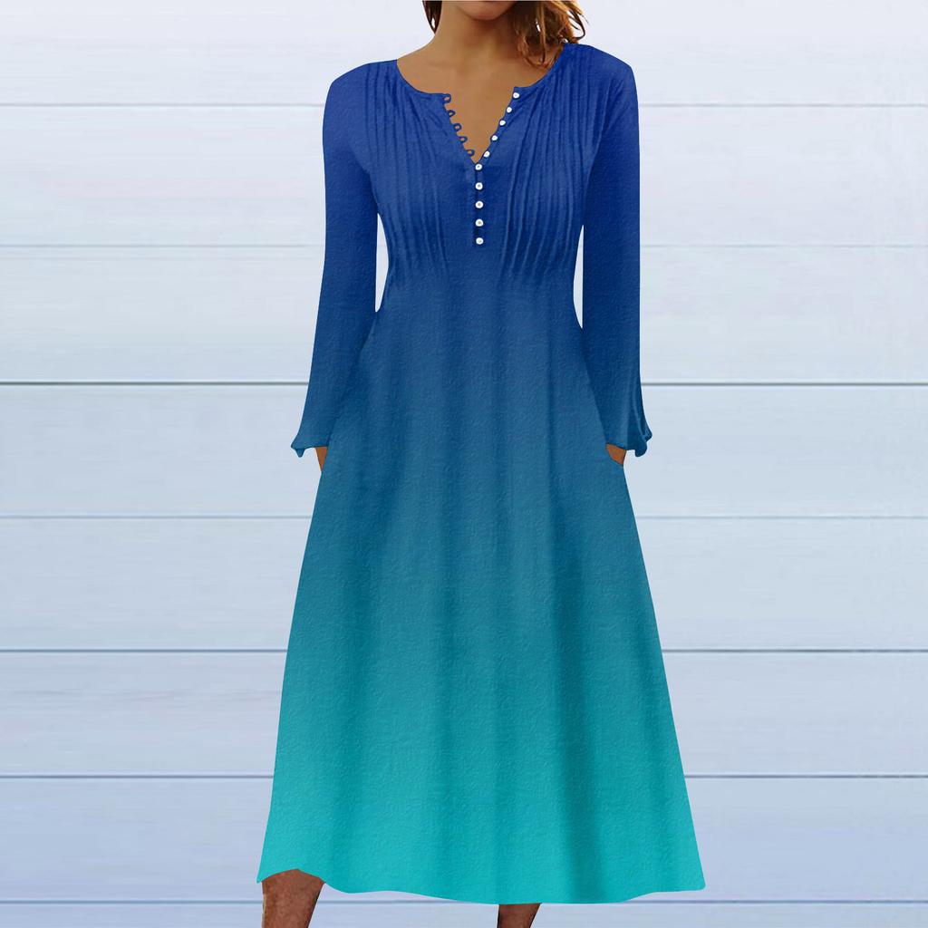 Модное женское повседневное модное однотонное платье с карманами и v-образным вырезом, пуловер с длинными рукавами