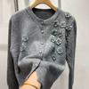 Женский кардиган с круглым вырезом, 3D цветочный, свободный трикотаж, куртка-кардиган, осенне-зимний вязаный топ-свитер