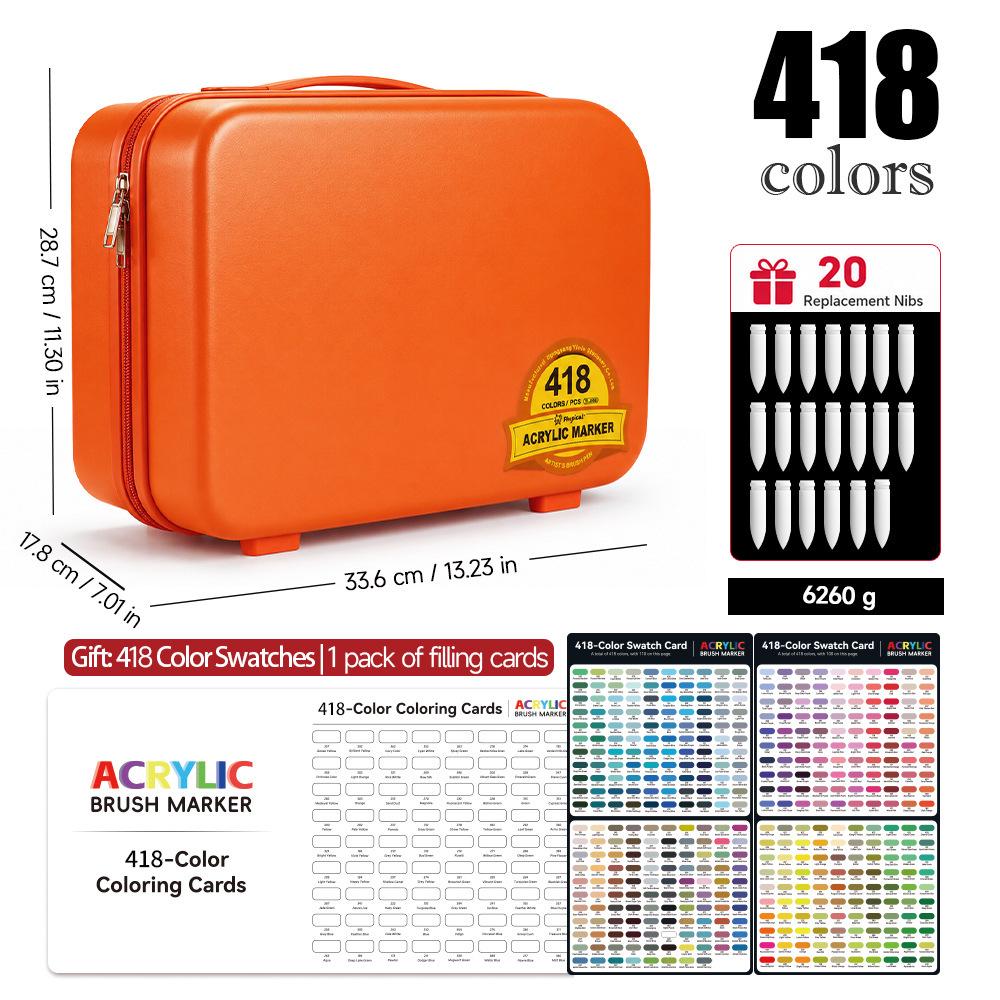 418-Color Acrylic Marker Set: Professional Grade, Soft Bristle Pens for Students and Artists in a Compact Suitcase.