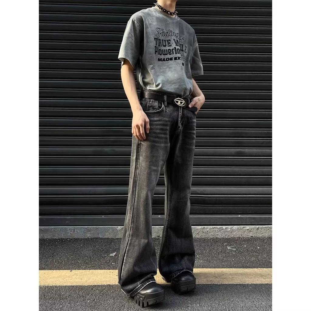 High Street Denim Pants For Men, Retro Distressed, Loose Straight Leg Pants, Wide Leg Sports Pants, Trendy