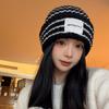 Cloth Label Striped Knitted Hat Female Autumn and Winter Student Versatile Big Head Circumference Warm Ear Protection Bag Head Cold Hat