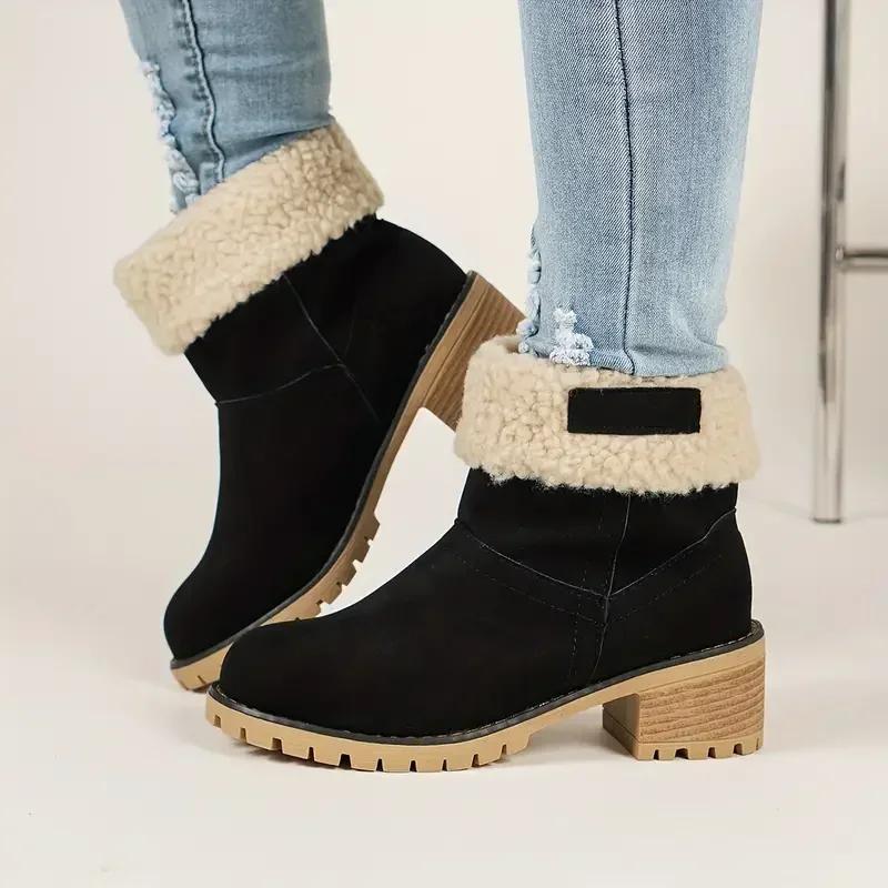 Fashion Autumn and Winter Fashion New Casual Comfortable Plus Velvet Warm Square Heel Round Toe Solid Color Women's Ankle Boots Shoes