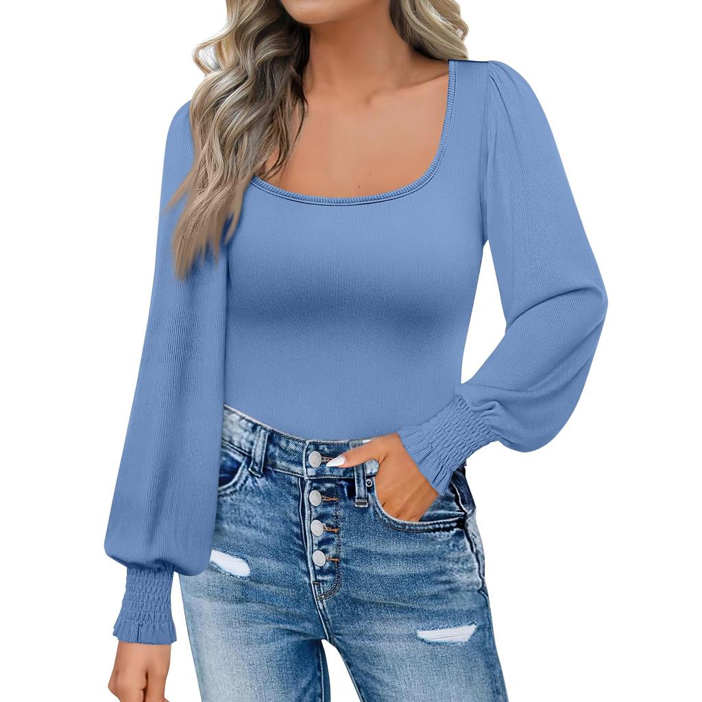 Women's Fashion Casual Square Neck Slim Bubble Long Sleeve Solid Color Top