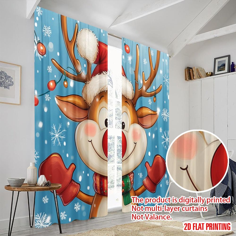 2pcs,2D plane printing Curtains&Window Treatment Cute Reindeer Christmas Versatile 100% Polyester (without rod) Outdoor